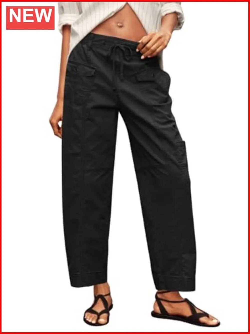 100% Cotton Cargo Pants with Drawstring Elastic Waist Multiple Pockets